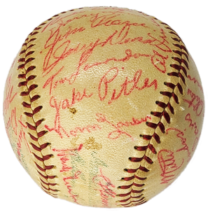 Macon Peaches Baseball Signatures Jim Pearce, Jake Pitler, Norm Larker, and Al Vincent